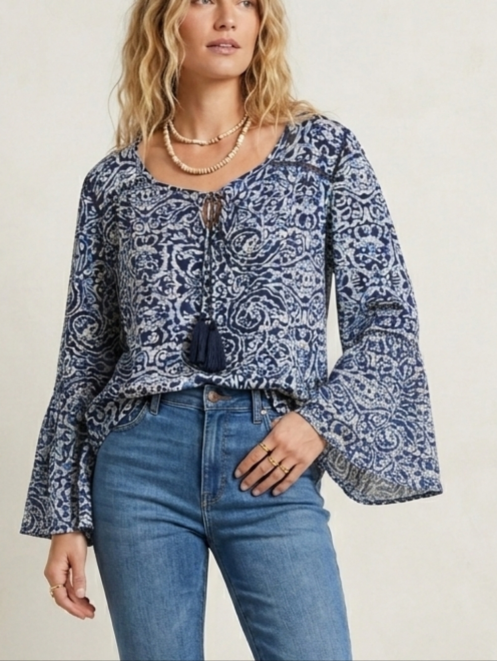 Flowy Passport Boho Blouse Size Medium w/ Bell Sleeves And Gorgeous Tassels